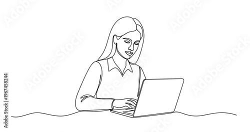 Line art: caucasian female adult working on laptop at desk. No editable stroke