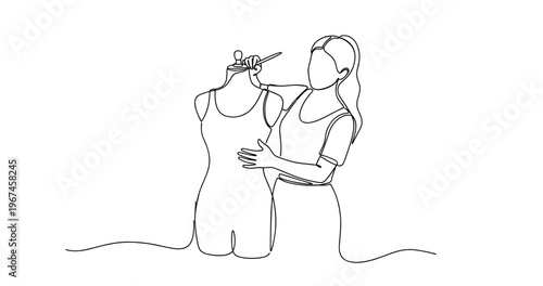 Female fashion designer sketching dress on mannequin in continuous line art. No editable stroke