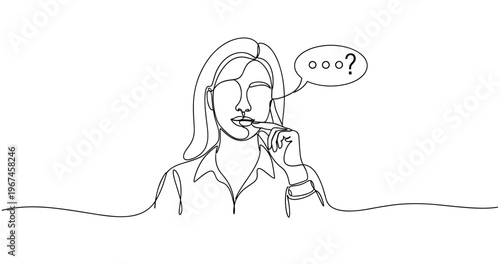 Contemplative female line art drawing with question mark speech bubble. No editable stroke