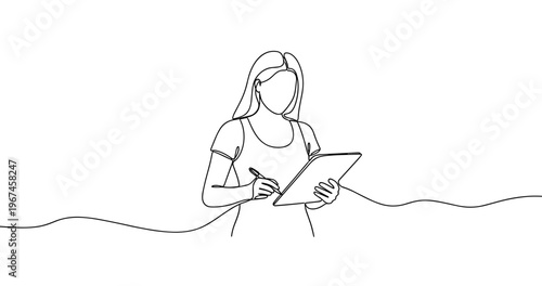 Female sketching on tablet with stylus - line art of young asian artist. No editable stroke