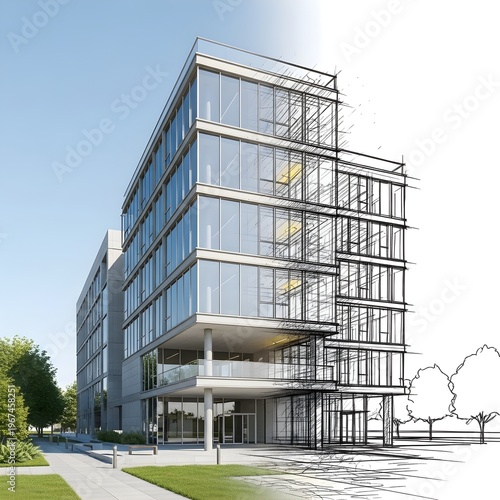 Modern Office Building Architecture Sketch and 3D Render Transition