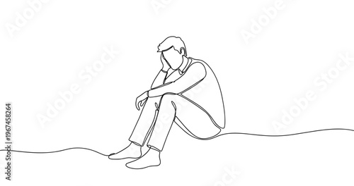 Minimalist line art of pensive young adult male sitting. No editable stroke
