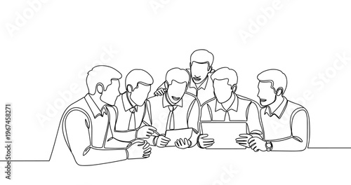 Six caucasian young adults collaborating on project with devices and paper. No editable stroke