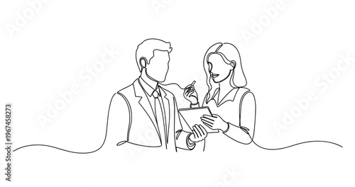 Line art illustration of caucasian male and female professionals collaborating. No editable stroke