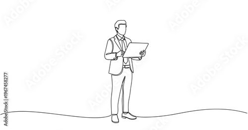 Outline drawing of caucasian male adult holding tablet in business attire. No editable stroke
