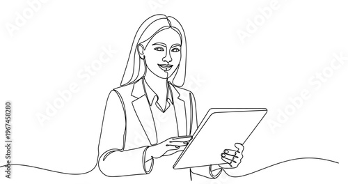 Young caucasian female professional holding tablet in line art style. No editable stroke