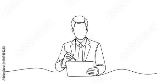 Black and white line art of a caucasian male adult using a tablet. No editable stroke