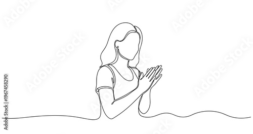 Minimalist line art of a female praying with folded hands. No editable stroke