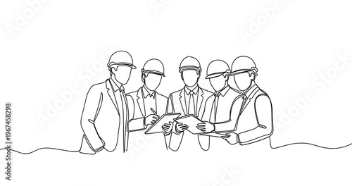 Line art of engineers collaborating: multi-ethnic, male and female team in discussion with plans. No editable stroke
