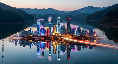 Futuristic City Skyline Reflected in Calm Lake at Twilight with Mountain Backdrop