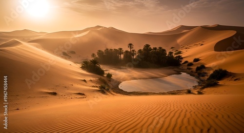 A surreal oasis nestled within expansive desert dunes under the warm glow of sunrise