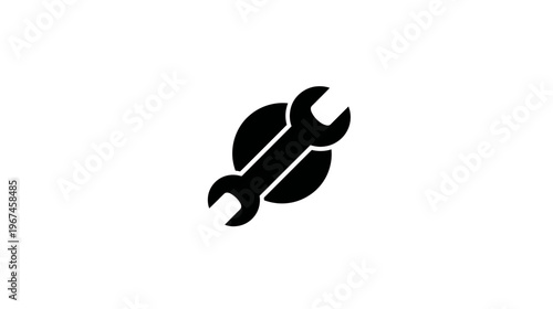 A black open-end wrench icon, tilted, is superimposed on a black circle, centered on a white backdrop