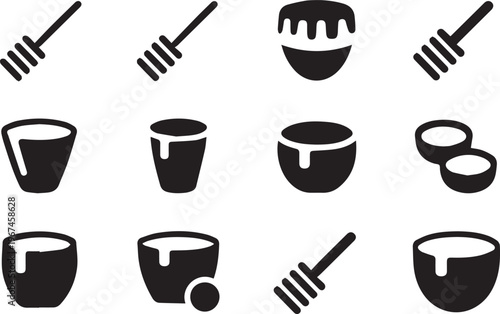 Honey related icons featuring dippers pots bowls and containers overflowing with sweet liquid