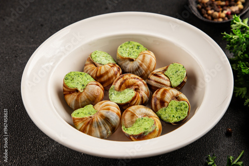 Obraz na płótnie Escargot food with green butter French cuisine food preparation tasty snack fres