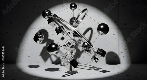 Abstract 3D Geometric Sculpture with Chrome Spheres and Rings in Spotlight