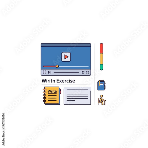 Writing exercise video and related stationery items for learning.