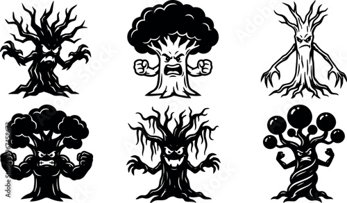 Angry black and white menacing tree and broccoli characters vector art