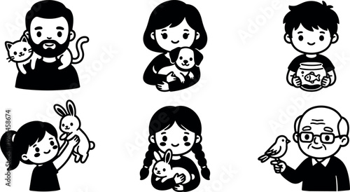 Family members holding pets including cat dog rabbit fish and bird
