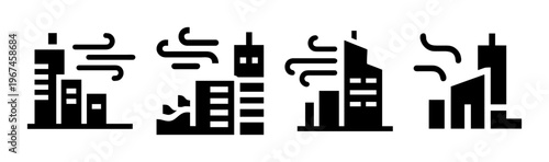 Windy city weather icons set, black silhouette urban skyscrapers with wind blowing, 4 vector elements for meteorology and air quality apps