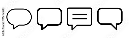 Minimalist speech bubble icon set, black outline chat bubbles for communication, simple vector message symbols for web and app interface design