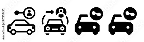 Car sharing icon set, autonomous vehicle rental symbols, black line and solid car service vector icons for mobile app interface design