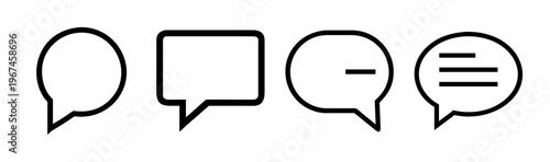 Minimalist speech bubble icons set, black outline chat bubbles for communication, 4 vector message elements for web and app interface design