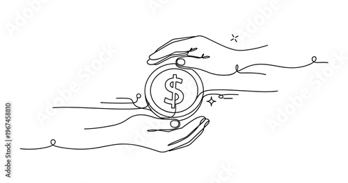 Continuous line drawing of hands with dollar coin symbolizing financial exchange. None editable stroke