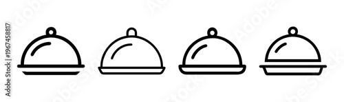 Set of four silver food cloche icons on platters, simple line art vector.