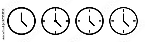 Minimalist clock icon set, black line watch symbols, 4 time vector elements for UI design