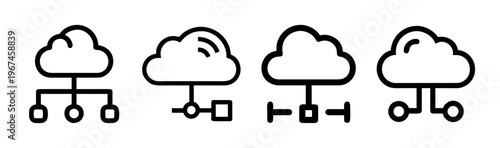 Cloud computing network icons, 4 black line vector elements, data storage server set