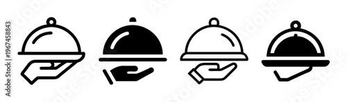 Restaurant cloche food tray icons, set of 4 minimalist waiter hand serving symbols, black and white fine dining vector graphics for menu design