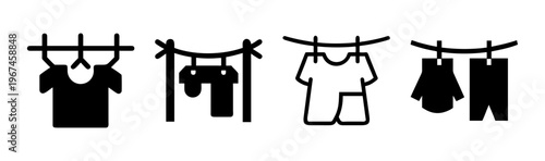 Minimalist laundry icons set, black clothes hanging on clothesline vector, laundry day symbols for housekeeping and garment care services