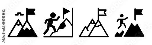 Mountain climbing success icons with people reaching flags at the summit
