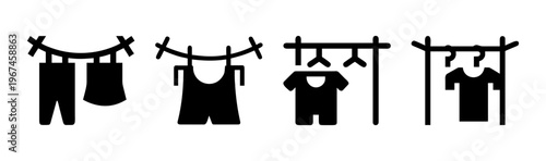 Laundry line icons set, black clothes drying on rope, 4 garment washing vector symbols