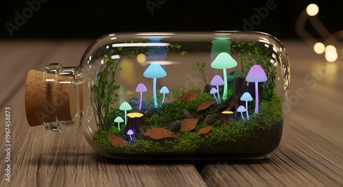 Glowing Miniature Mushroom Forest in a Glass Bottle Terrarium