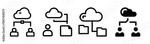 Cloud collaboration icons showing shared folders, users, and data connections.