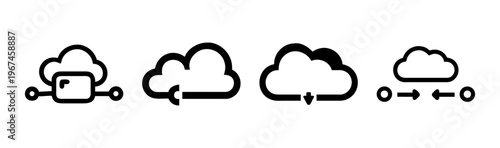 Minimalist cloud computing icons, 4 black line art SVG set, data hosting web symbols