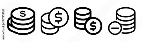 Set of four icons depicting stacks of coins with dollar signs and a minus symbol.