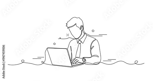 Young caucasian male professional working on laptop in minimalist line art. None editable stroke