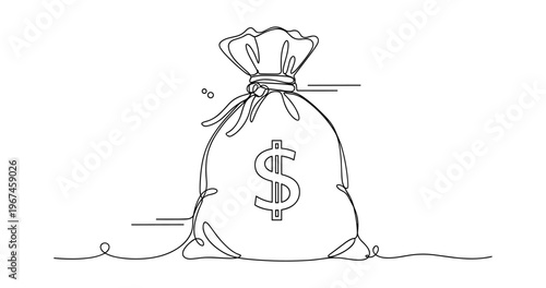Continuous line drawing of money bag with dollar sign symbolizing wealth and finance. None editable stroke