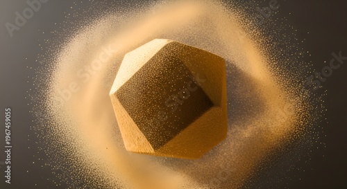 Abstract geometric shape composed of sand particles exploding outwards on a dark background, representing creative flow and transformation