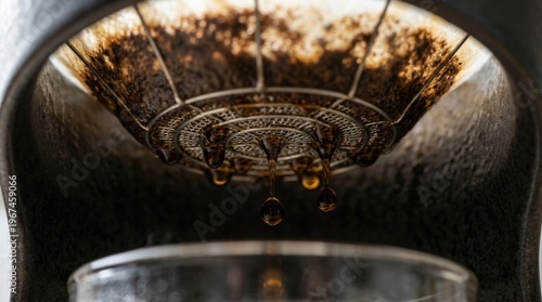 Close-up of coffee brewing process, filter and glass.