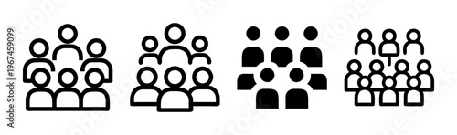 Collection of icons depicting large groups of people in various formations, symbolizing community.