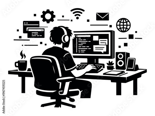 Programmer wearing headphones, focused on coding on desktop computer at desk with chat bubbles and surrounded by tech icons