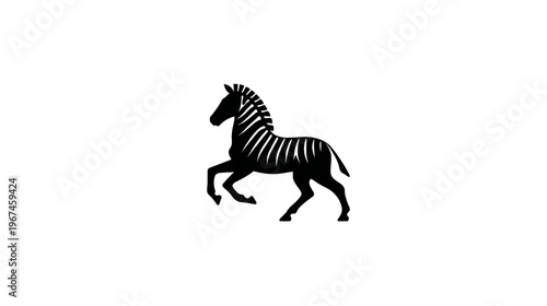 A black silhouette of a zebra in a prancing pose against a white background
