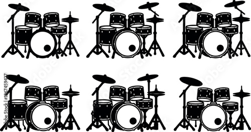 Black and white drum set icons collection with cymbals in flat design