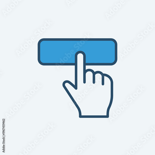 Hand pressing a blue button a visual representation of interaction and action.