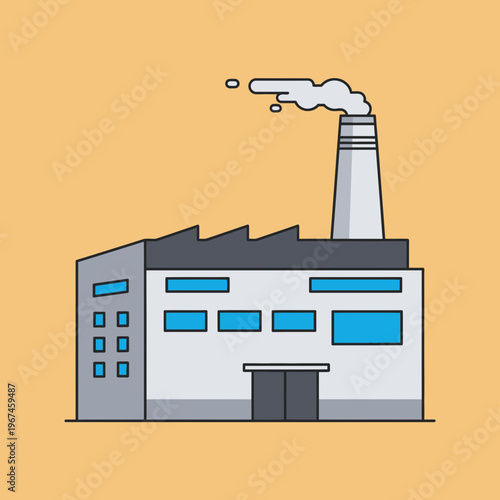 Industrial factory building with smokestack emitting pollution into the atmosphere vector illustration.