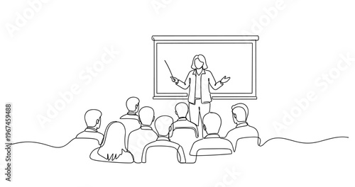 Female presenter leading seminar in front of audience with screen projection. no editable stroke