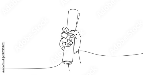 Minimalist line art of a hand holding a rolled paper. no editable stroke